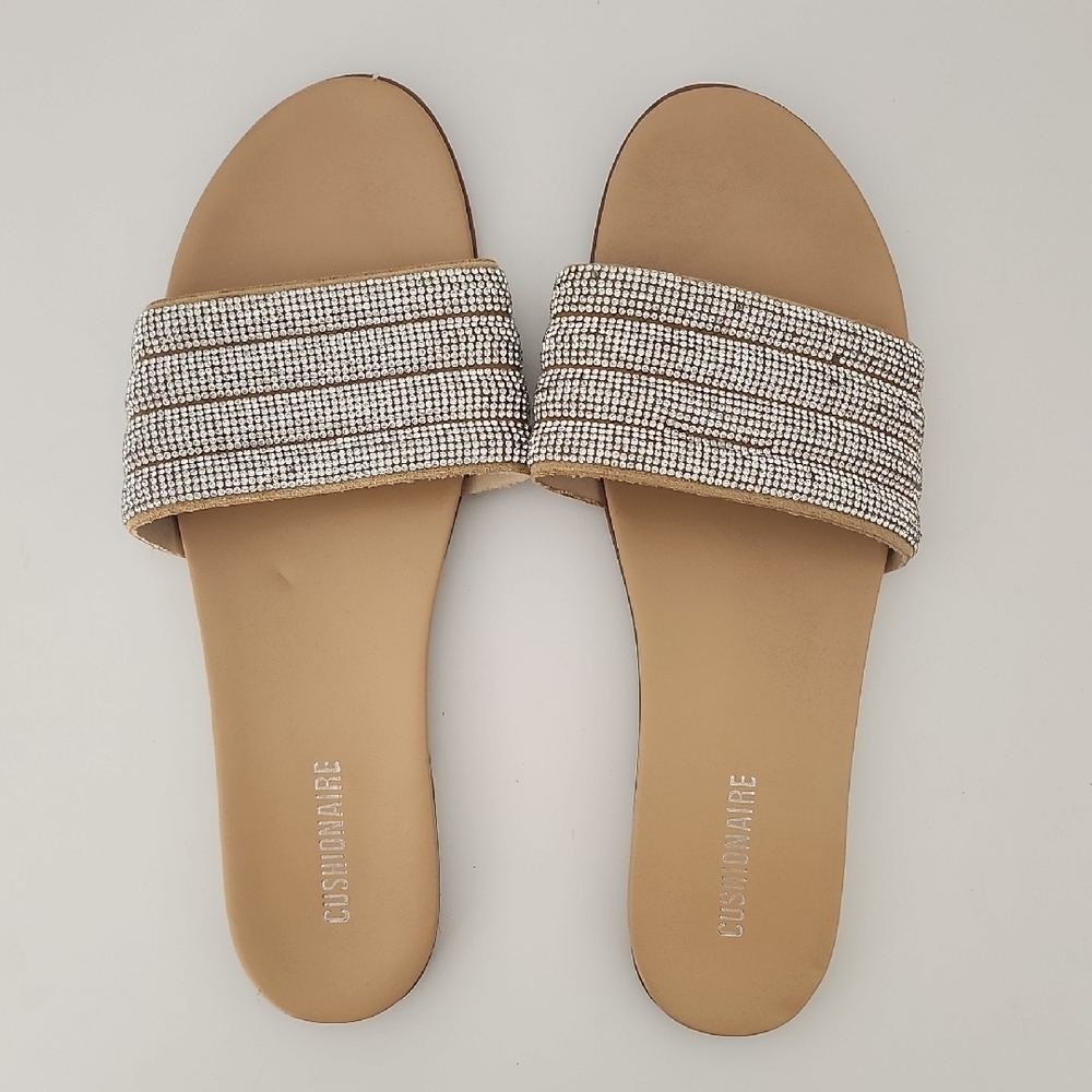 Tan and White Women's Slide Sandals